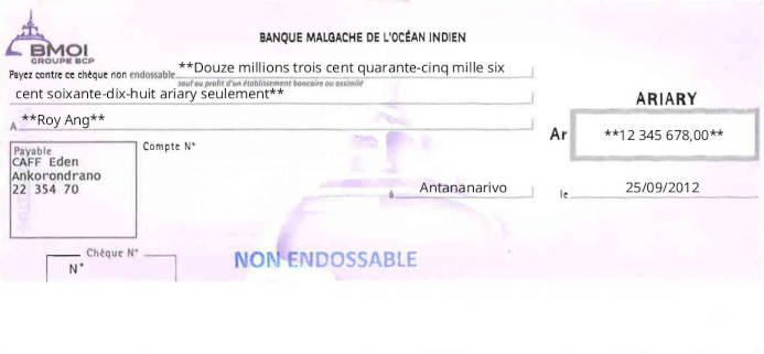 Write BMOI - Banque de Madagascar et de l’Océan Indien Cheque Online Free Online Cheque Writer for BMOI - Banque de Madagascar et de l’Océan Indien in Madagascar