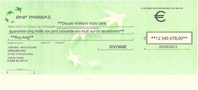 Printed Cheque of BNP Paribas Bank in France Printed Cheque of BNP Paribas Bank in France