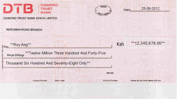 Printed Cheque of DTB - Diamond Trust Bank in Kenya