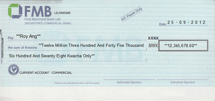 Printed Cheque of First Merchant Bank (FMB) in Malawi Printed Cheque of First Merchant Bank (FMB) in Malawi