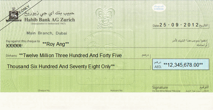 Printed Cheque of Habib Bank AG Zurich UAE