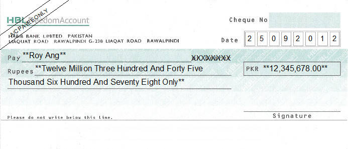 Printed Cheque of Habib Bank (HBL) Freedom Account Pakistan