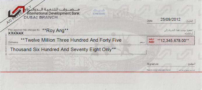 Printed Cheque of IDB - International Development Bank in UAE