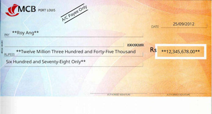 Free Online Cheque Writer for MCB - Mauritius Commercial Bank in Mauritius