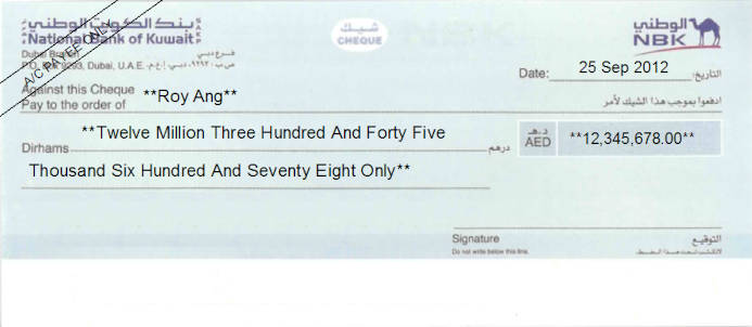 Printed Cheque of NBK - National Bank of Kuwait in UAE