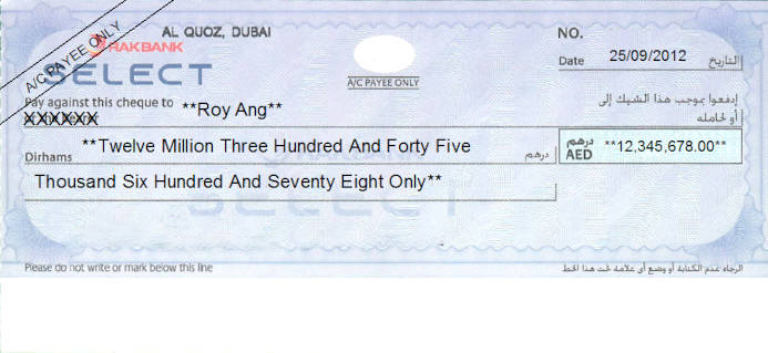 Printed Cheque of RAKBANK Select (The National Bank of Ras Al-Khaimah) UAE