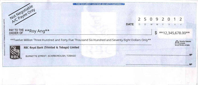 Printed Cheque of RBC Royal Bank in Trinidad and Tobago