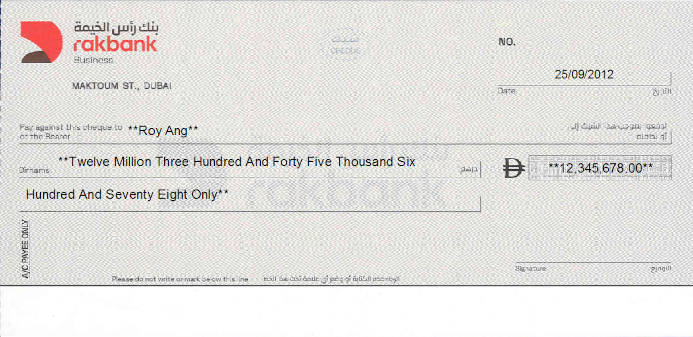 Printed Cheque of Rakbank - National Bank of Ras Al-Khaimah (Business) in UAE Printed Cheque of Rakbank - National Bank of Ras Al-Khaimah (Business) in UAE