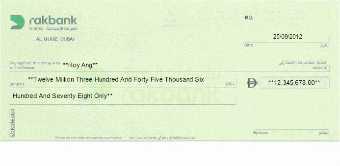 Printed Cheque of Rakbank Islamic in UAE Printed Cheque of Rakbank Islamic - National Bank of Ras Al-Khaimah in UAE