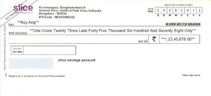 Printed Cheque of Slice Small Finance Bank (Savings Account) in India Printed Cheque of Slice Small Finance Bank (Savings Account) in India