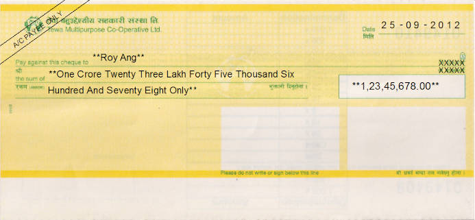 Printed Cheque of Tewa Multipurpose Co-Operative in Nepal Printed Cheque of Tewa Multipurpose Co-Operative in Nepal