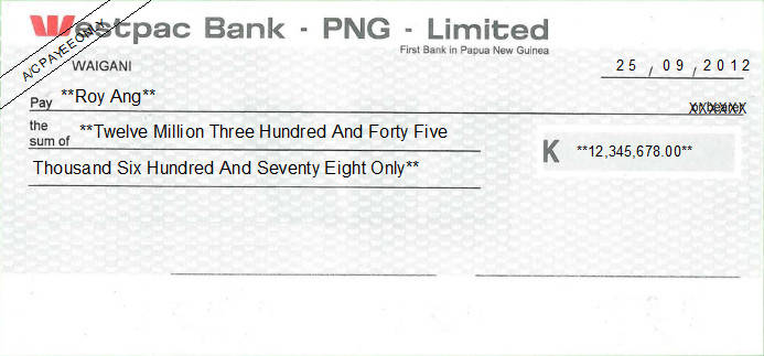 Printed Cheque of Westpac Bank PNG in Papua New Guinea