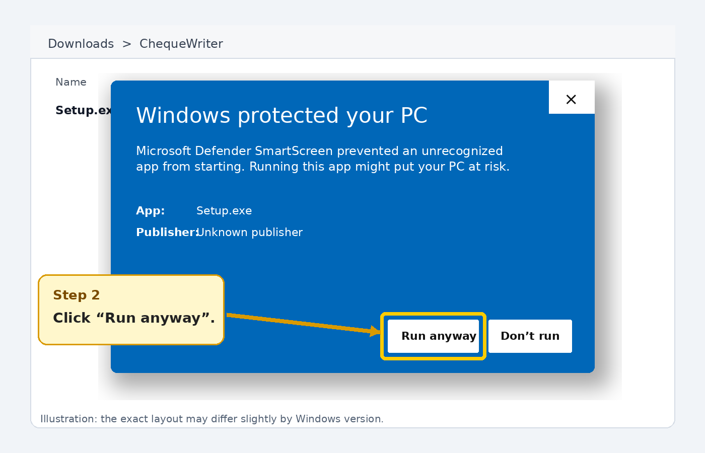 Illustration of expanded Windows SmartScreen window with Run anyway highlighted